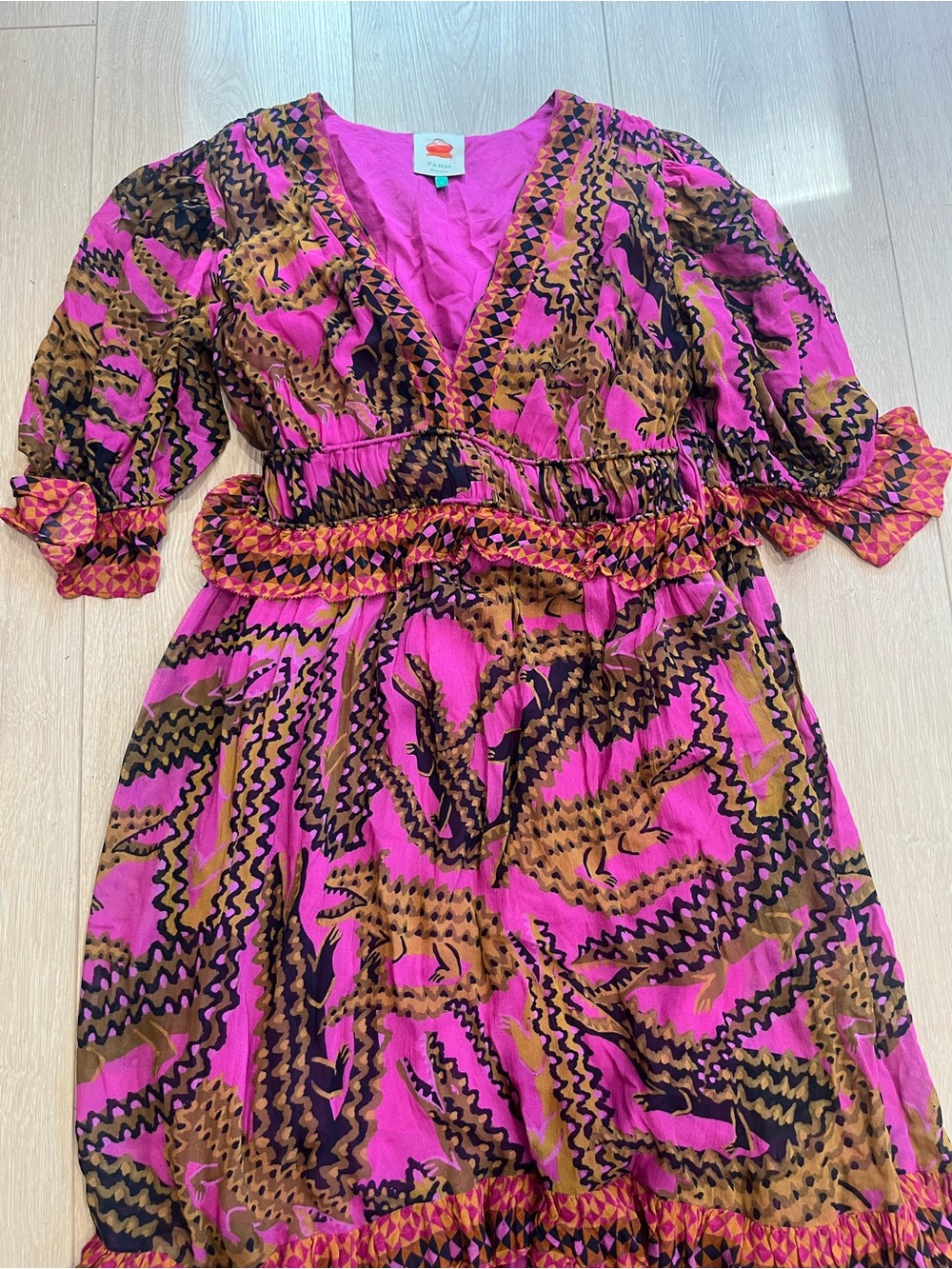 FARM Rio Fuchsia Pink and Brown Abstract Print V-Neck Dress Maxi L Large Chiffon - Picture 7 of 8
